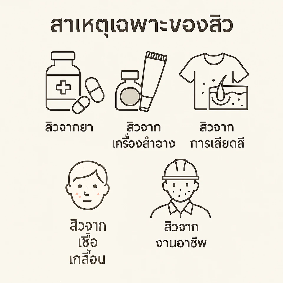 แผนภาพหัวข้อสิวจากยา เครื่องสำอาง การเสียดสี เชื้อเกลื้อน และงานอาชีพ